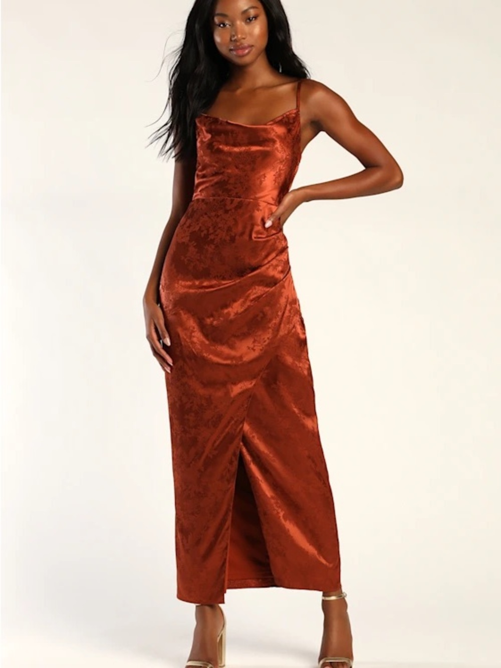 Lulu's Rust Orange Under the Moonlight Satin Jacquard Maxi Slip Dress Medium